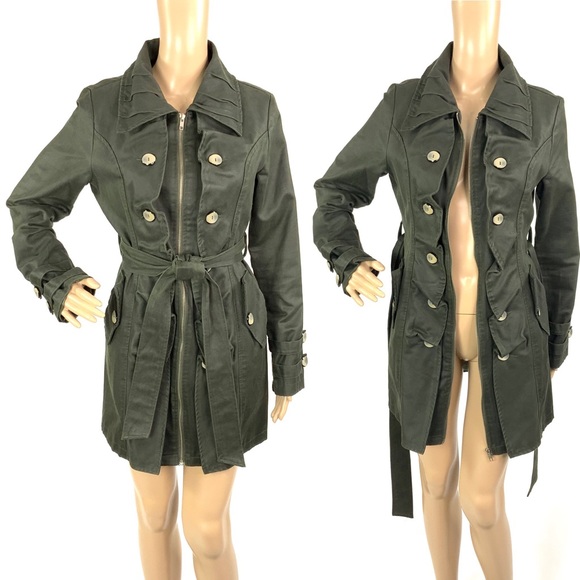 NWOT YA Los Angeles (Anthro) Army Green Ruffled Trench Coat - Picture 5 of 8